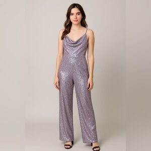 NWT Anthropologie Ranna Gill Sequin Cowl Neck Jumpsuit in Lavender Purple size S